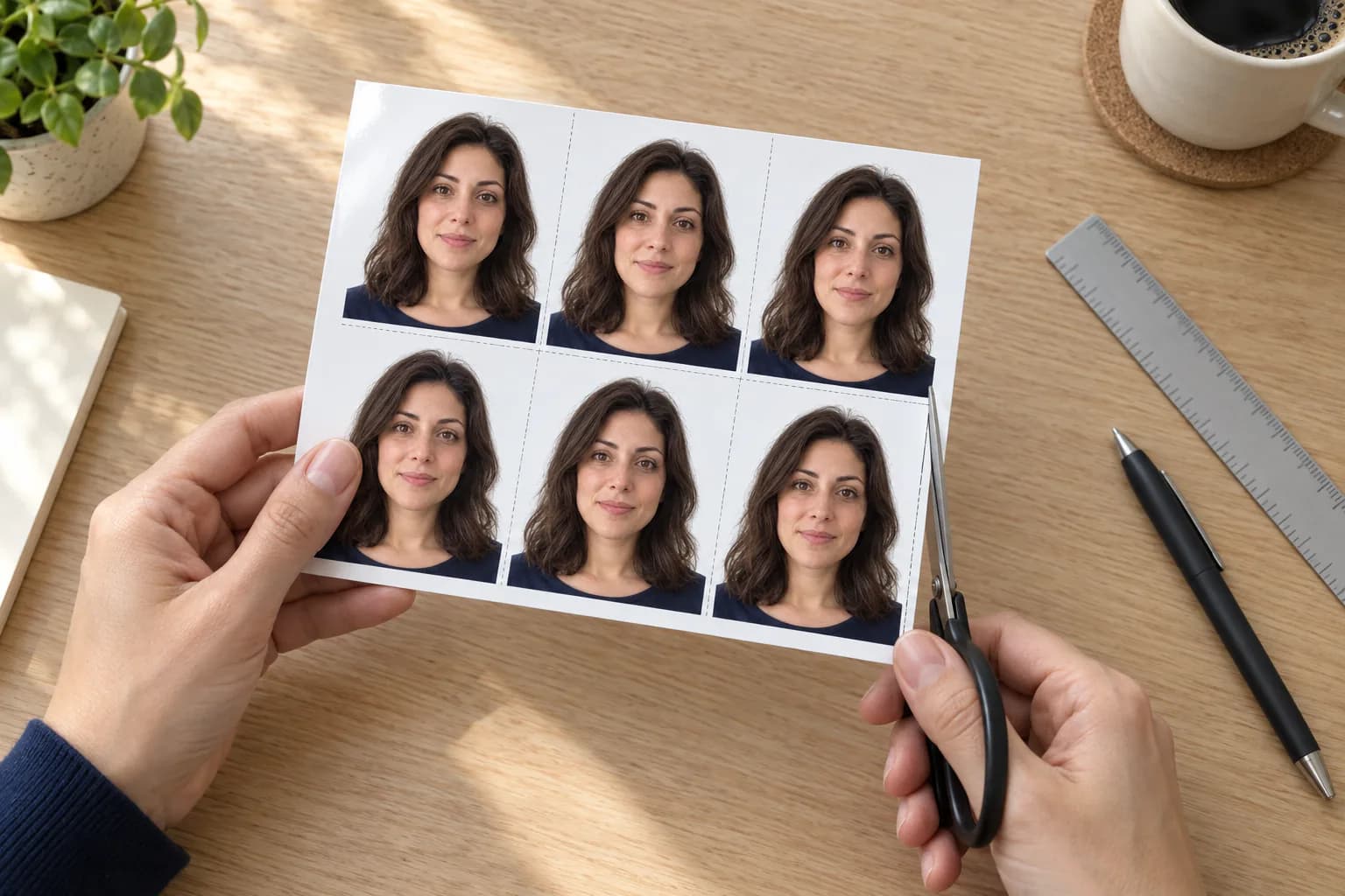 Hands holding a printed 4×6 sheet with six 2×2 passport photos